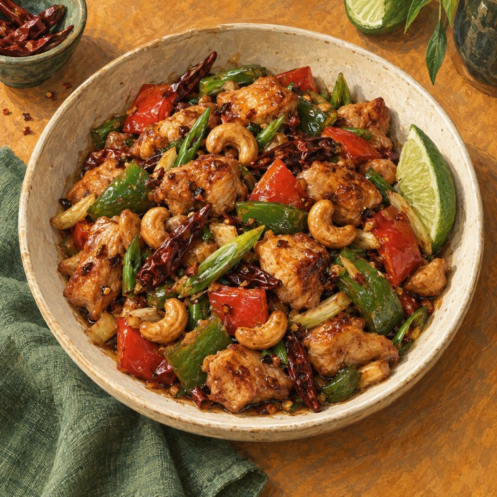Illustration of kung pao chicken with cashews, peppers, and lime